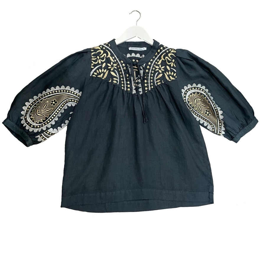 Women Greek Archaic Kori Tops | Greek Archaic Kori Paisley Blouse In Charcoal And Gold 240141