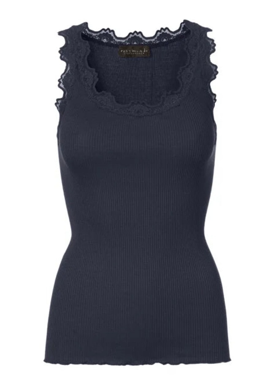 Women Rosemunde Tops | Rosemunde Silk Top With Lace In Navy 5205