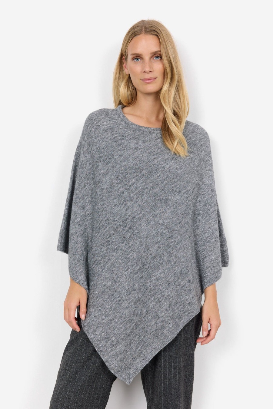 Women Soya Concept Knitwear And Sweaters | Soya Concept Viana Poncho In Grey Melange 51236