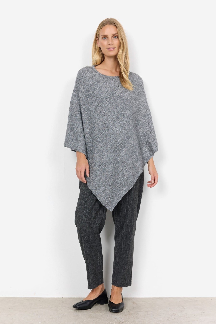 Women Soya Concept Knitwear And Sweaters | Soya Concept Viana Poncho In Grey Melange 51236