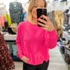 Women Brodie Cashmere Knitwear And Sweaters | Brodie Cashmere Pepper Split Hem Crew Jumper In Neon Pink