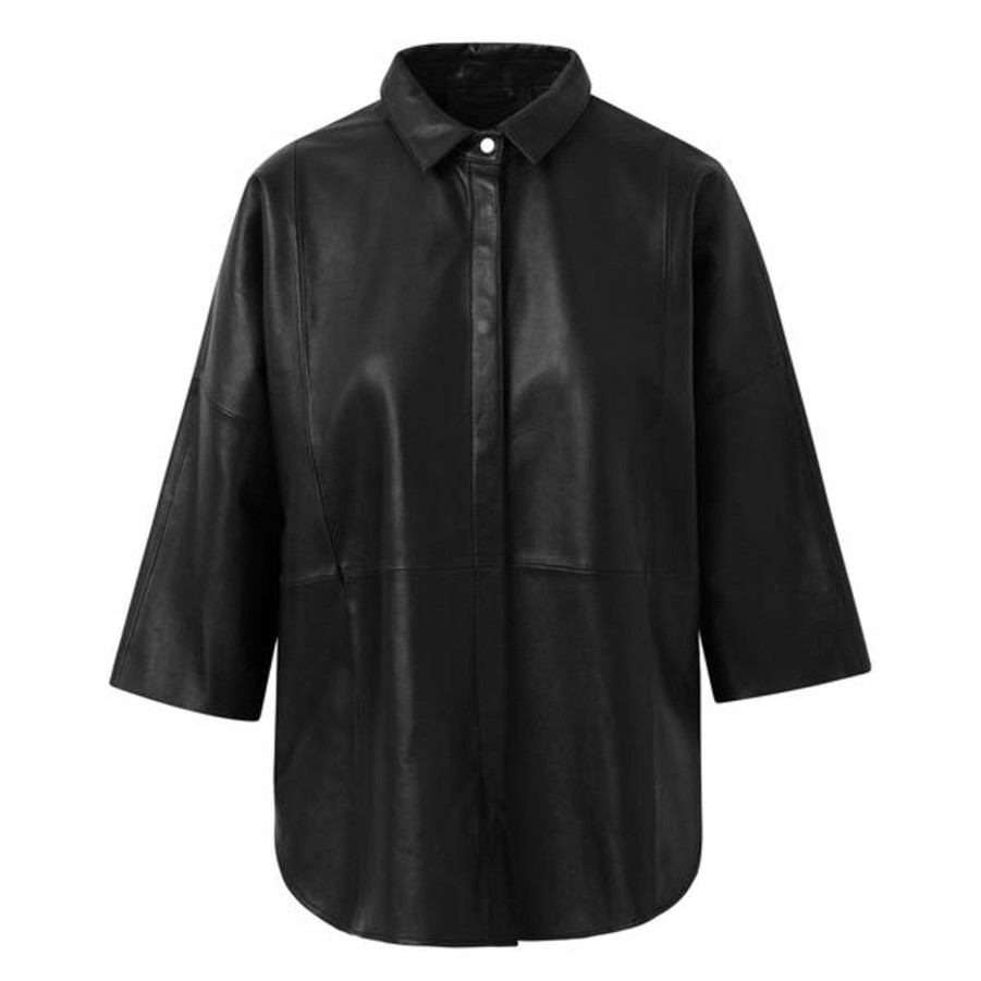 Women Depeche Tops | Depeche Leather Shirt In Black 13626