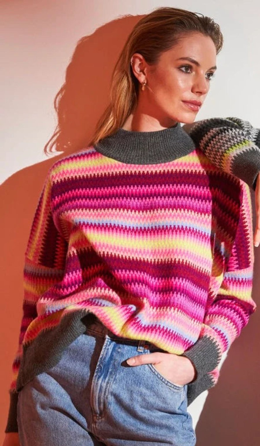 Women Brodie Cashmere Knitwear And Sweaters | Brodie Cashmere Georgie Fairisle Funnel Neck Jumper In Pink