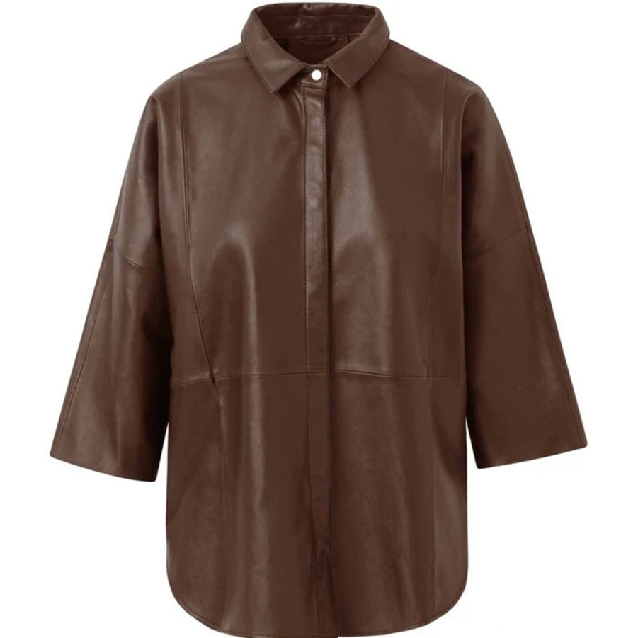 Women Depeche Tops | Depeche Leather Shirt In Tobacco 13626