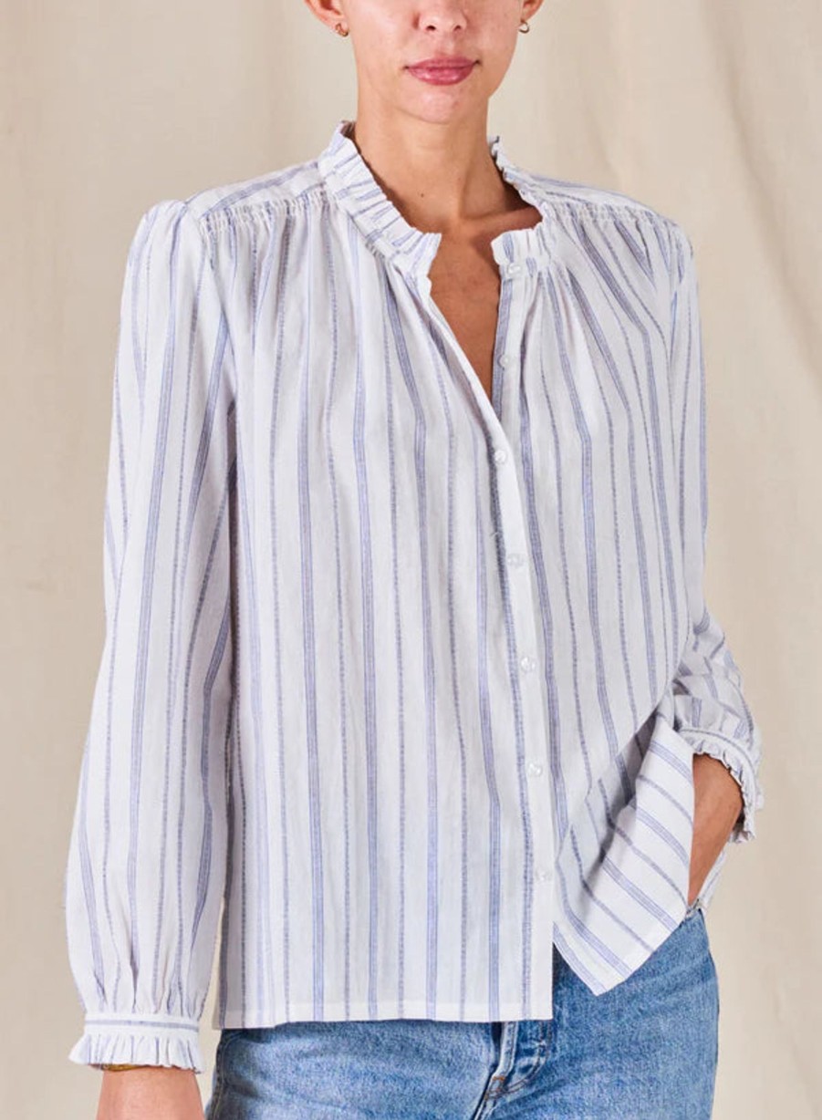 Women M.A.B.E Tops | Mabe Chrissie Long Sleeve Top In White And Blue Stripe