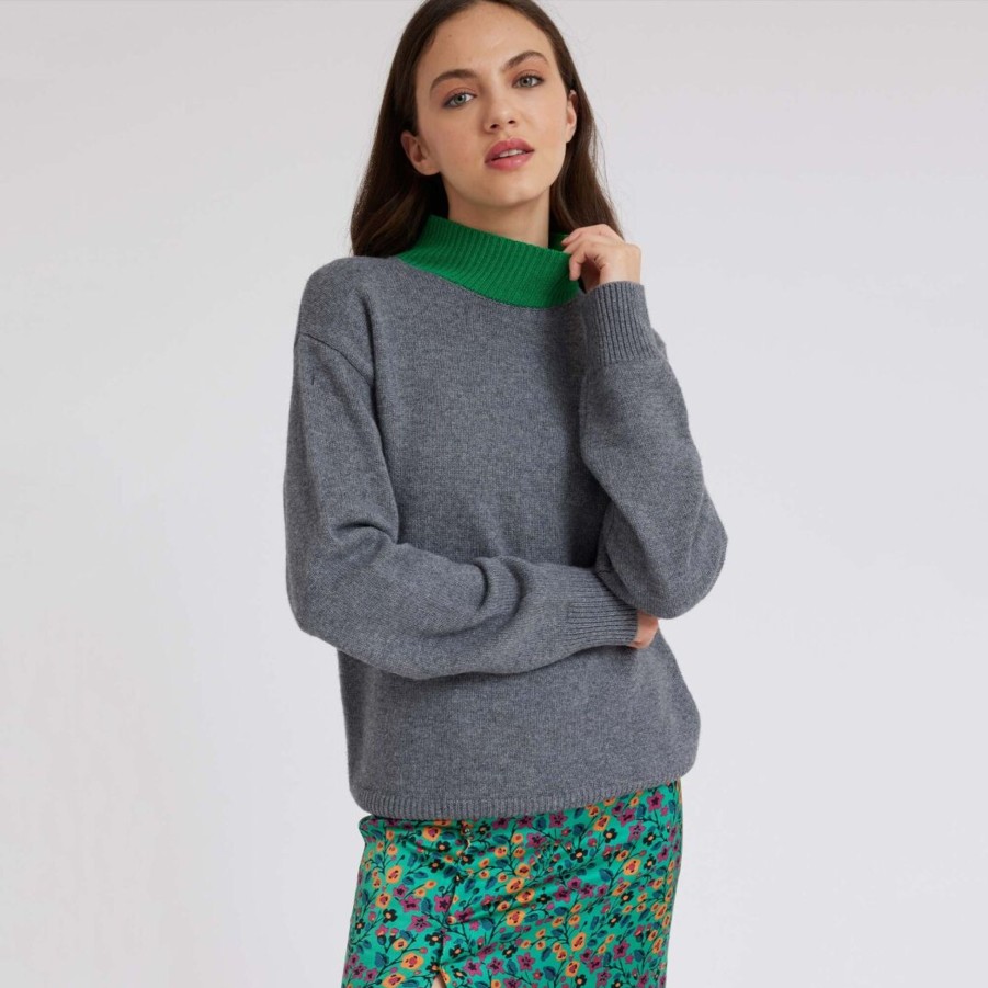 Women Idano Knitwear And Sweaters | Idano Monica Jumper In Grey With Green Contrast